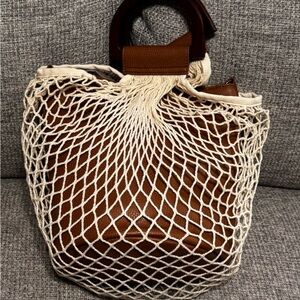 T-Shirt & Jeans Brown Faux Leather Bucket Bag with Cream Net Bag